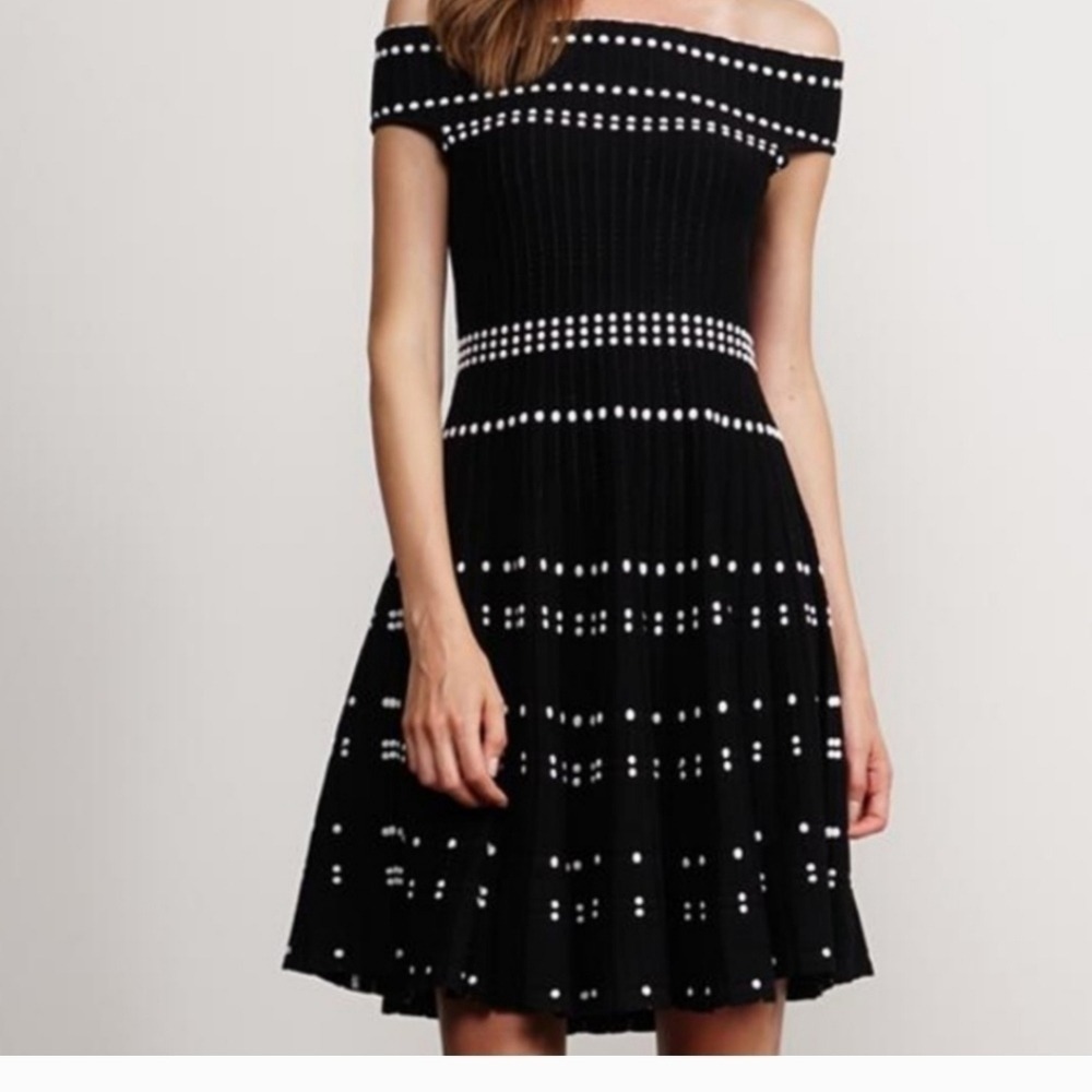 Off Shoulder Knit Dress Black White Polka Dot Fit Flare Party Dress